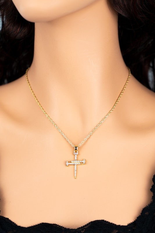 Nail shape cross pendant necklace with rope chain