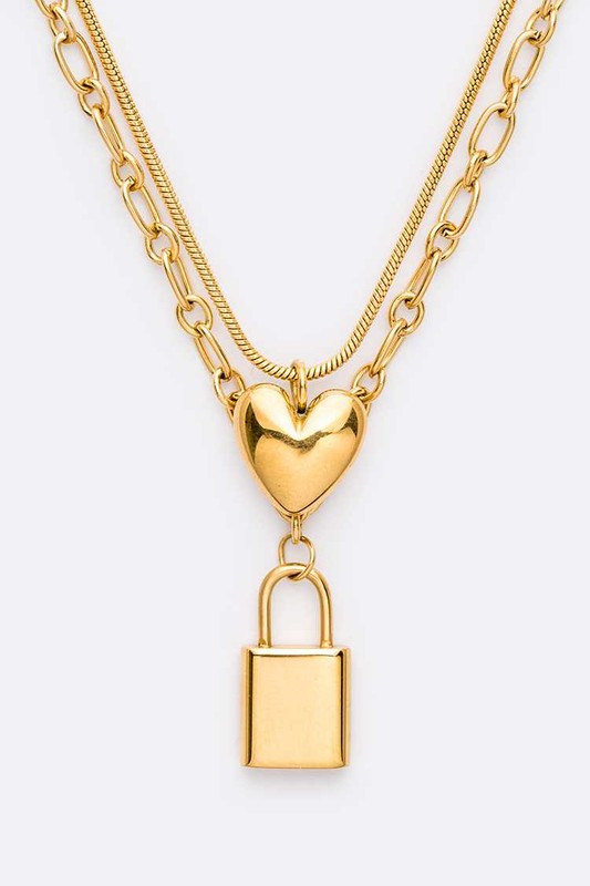 Stainless Steel Heart And Lock Layer Necklace